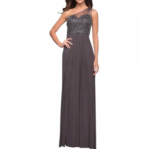 La Femme One Shoulder Evening Gown Gray Beaded 21239 Size 6 Cocktail Prom Formal - Picture 6 of 6